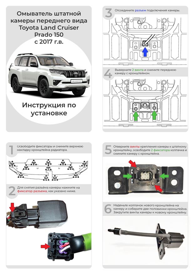 Инструкция по установке омывателя камеры переднего вида для Toyota Land Cruiser Prado 150